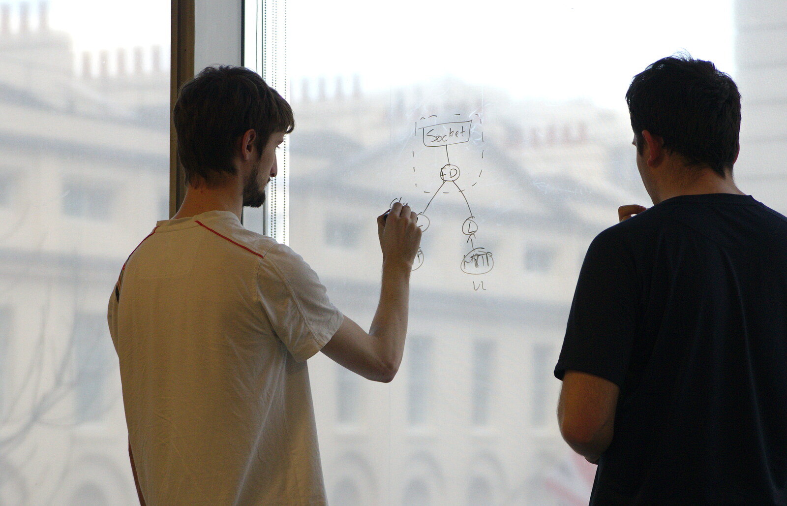 Network diagrams are drawn on the windows from SwiftKey Innovation, The Hub, Westminster, London - 21st February 2014