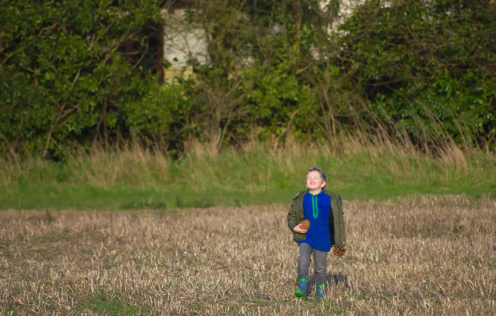 Fred's excited by a massive pine cone, from A Trip to see Chinner, Brome, Suffolk - 22nd April 2014