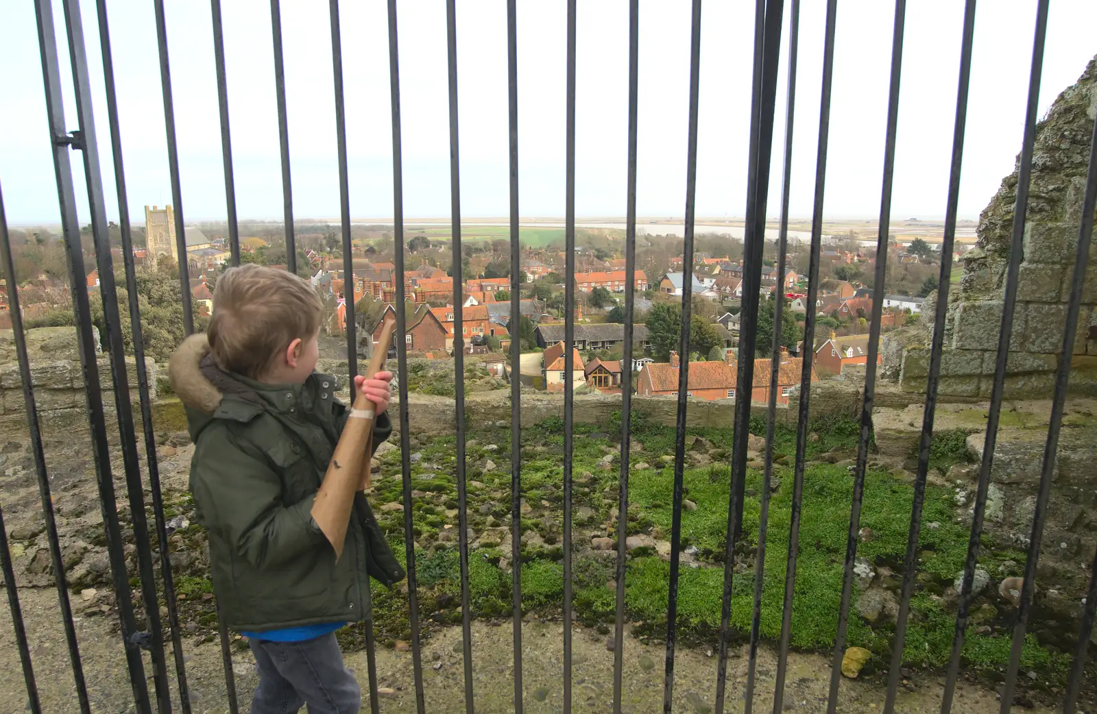 Fred looks out over Orford town, from A Trip to Orford Castle, Orford, Suffolk - 2nd March 2014