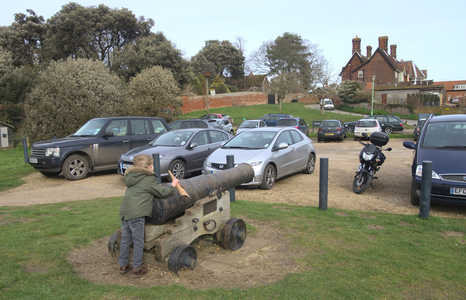 Fred pretends to fire a cannon at the town from A Trip to Orford Castle, Orford, Suffolk - 2nd March 2014