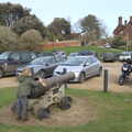 Fred pretends to fire a cannon at the town, A Trip to Orford Castle, Orford, Suffolk - 2nd March 2014