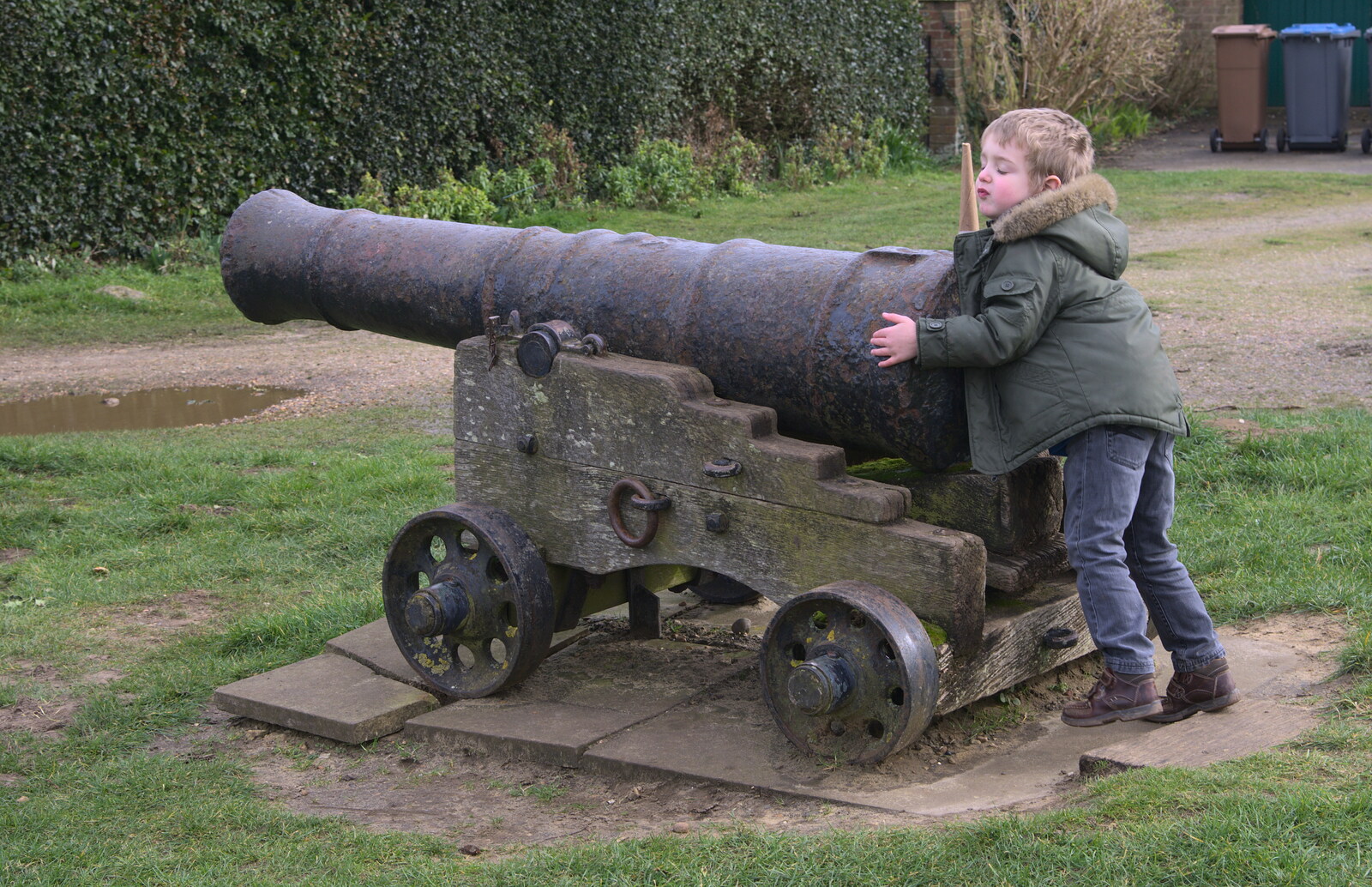 Fred hugs a cannon from A Trip to Orford Castle, Orford, Suffolk - 2nd March 2014