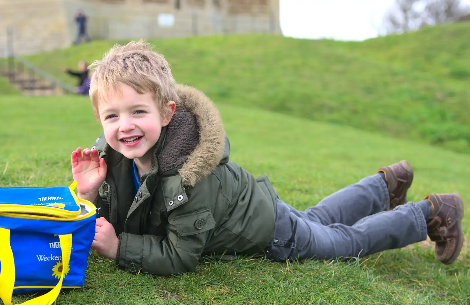 Fred waves as we picnic on the Motte, from A Trip to Orford Castle, Orford, Suffolk - 2nd March 2014