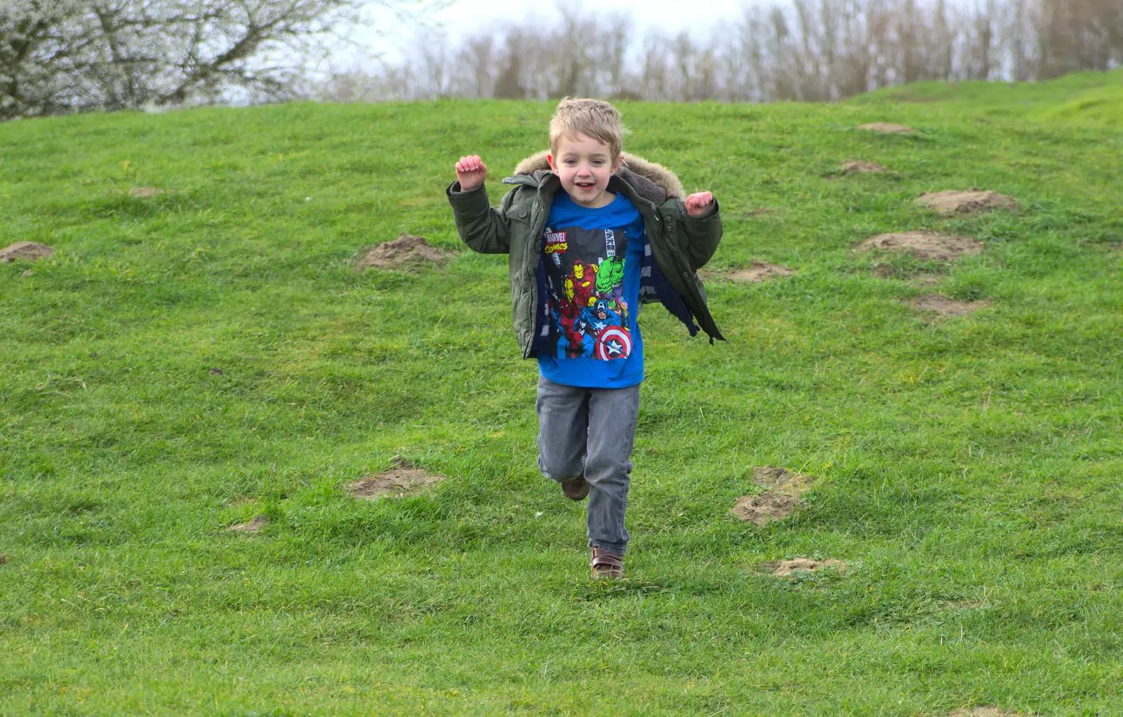 Fred runs down the hill, from A Trip to Orford Castle, Orford, Suffolk - 2nd March 2014