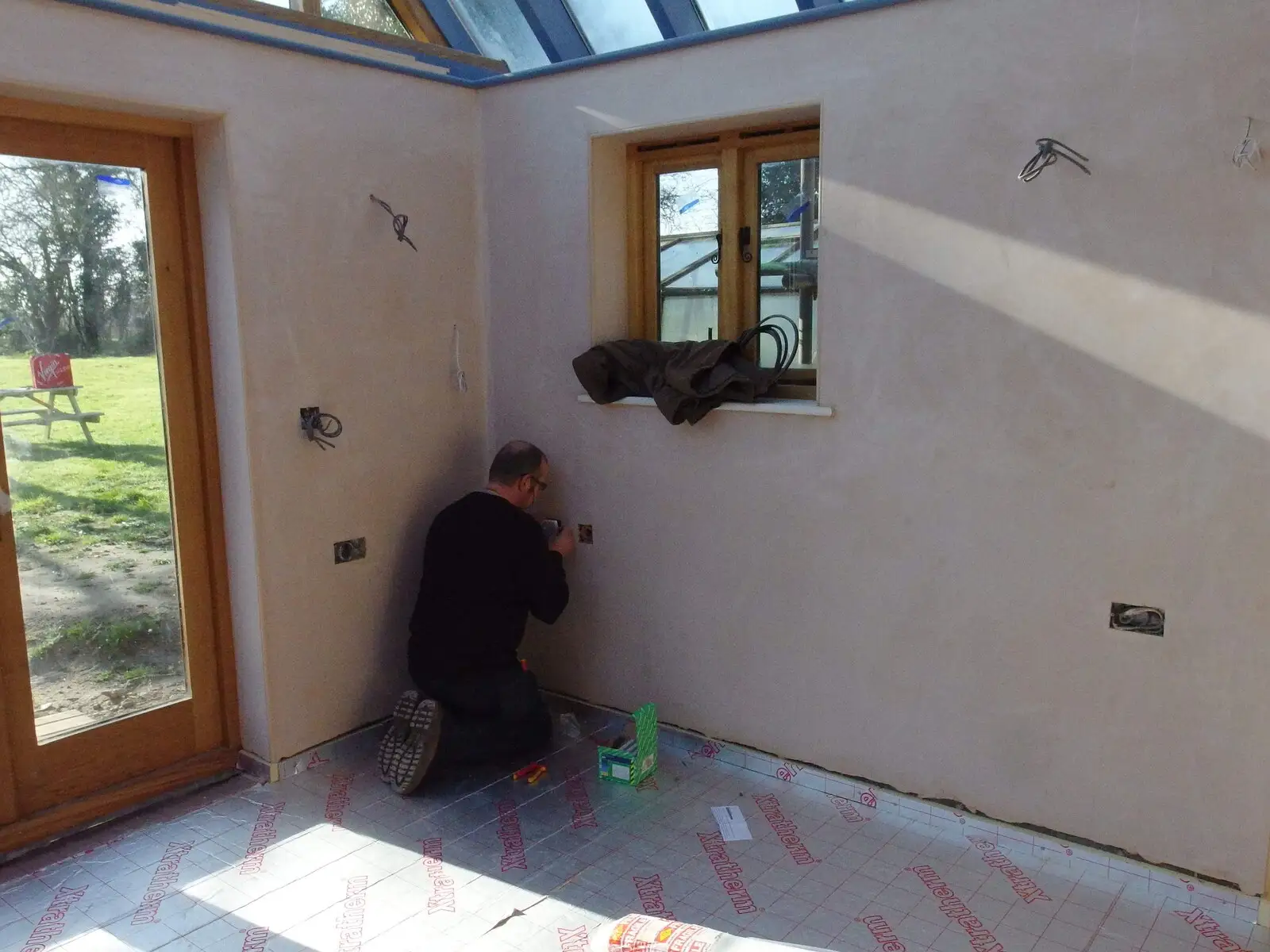 Boomer works on sockets, from Building Progress: Electrical Second Fixing, Brome, Suffolk - 4th March 2014