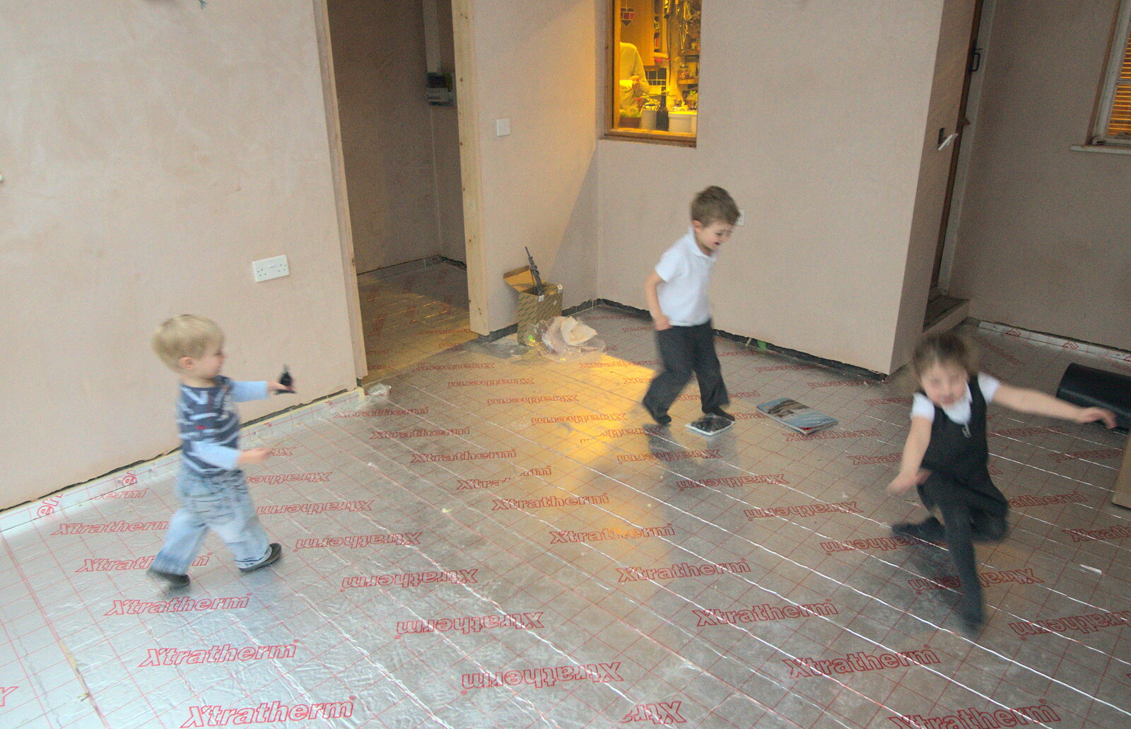 Harry, Fred and Amelia run around the room from Building Progress: Electrical Second Fixing, Brome, Suffolk - 4th March 2014