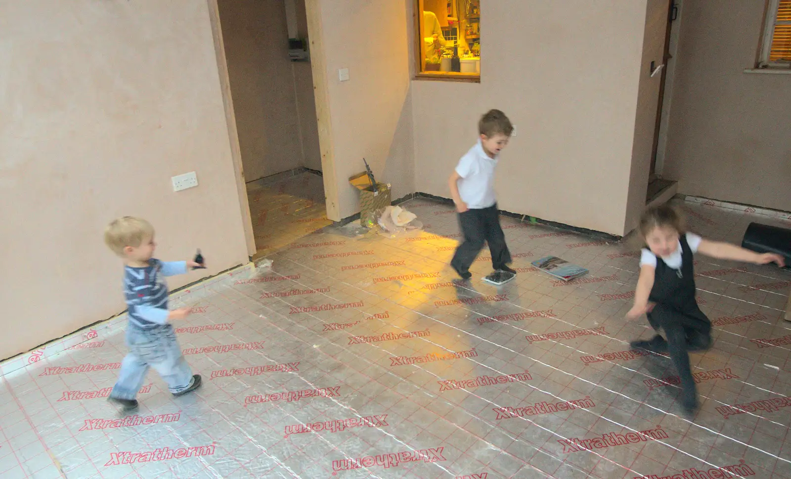 Harry, Fred and Amelia run around the room, from Building Progress: Electrical Second Fixing, Brome, Suffolk - 4th March 2014