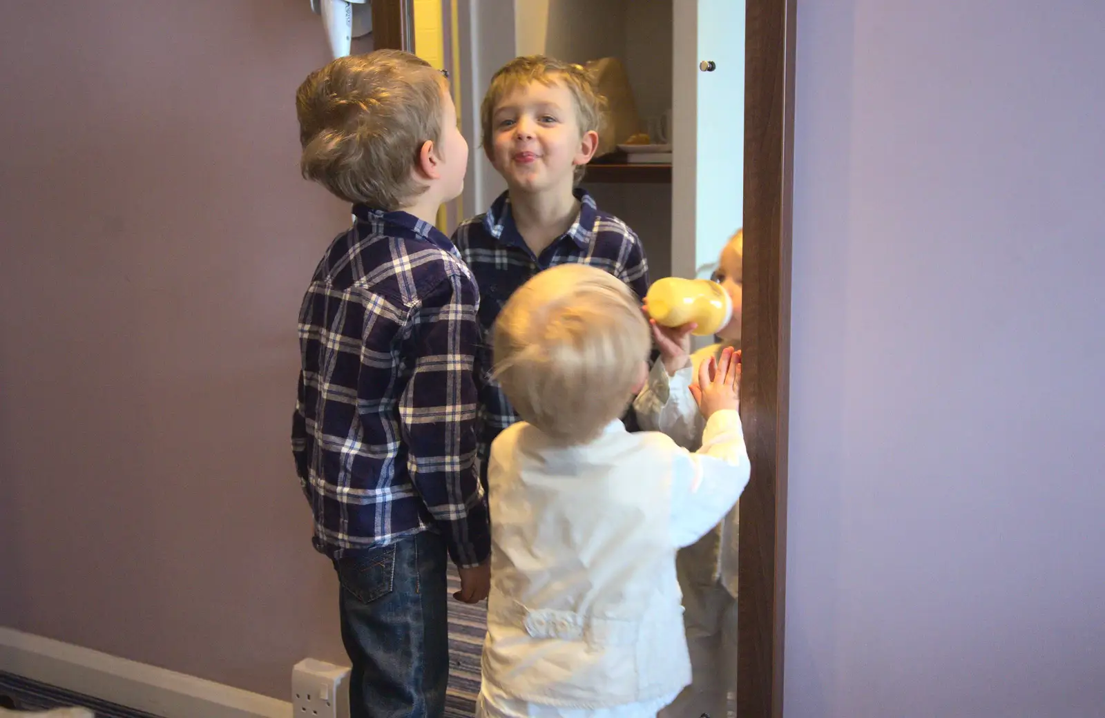 Fred and Harry mess about in the mirror, from John and Caroline's Wedding, Sheene Mill, Melbourne, Cambridgeshire - 8th March 2014