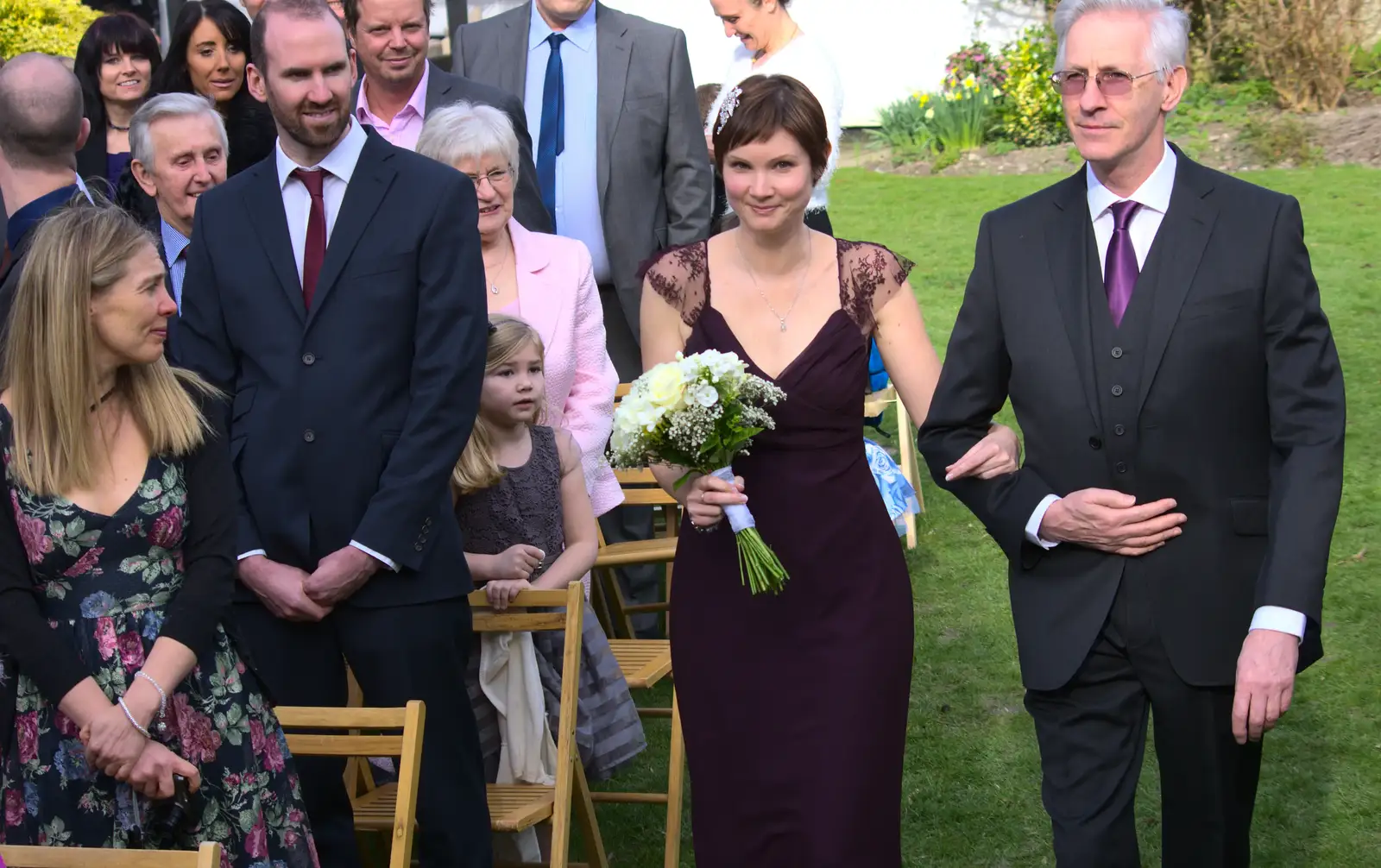 Caroline is walked up the grass aisle, from John and Caroline's Wedding, Sheene Mill, Melbourne, Cambridgeshire - 8th March 2014