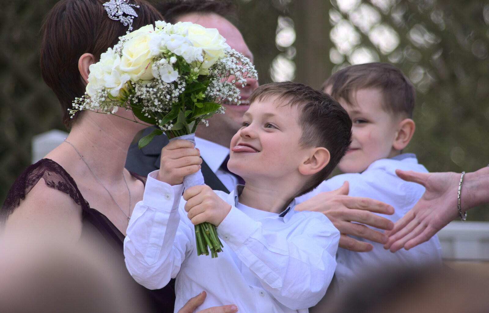 Zach's got the bouquet from John and Caroline's Wedding, Sheene Mill, Melbourne, Cambridgeshire - 8th March 2014