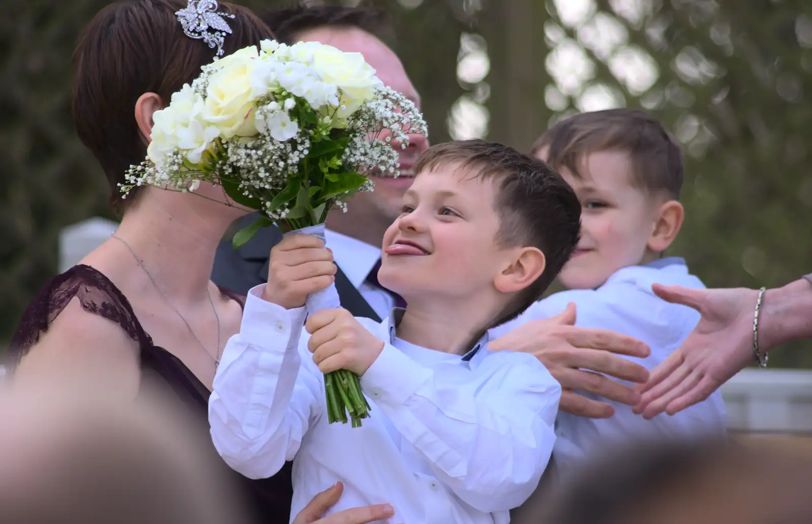 Zach's got the bouquet, from John and Caroline's Wedding, Sheene Mill, Melbourne, Cambridgeshire - 8th March 2014