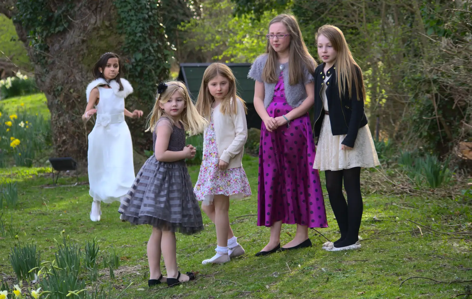 A group of girls by the pond, from John and Caroline's Wedding, Sheene Mill, Melbourne, Cambridgeshire - 8th March 2014