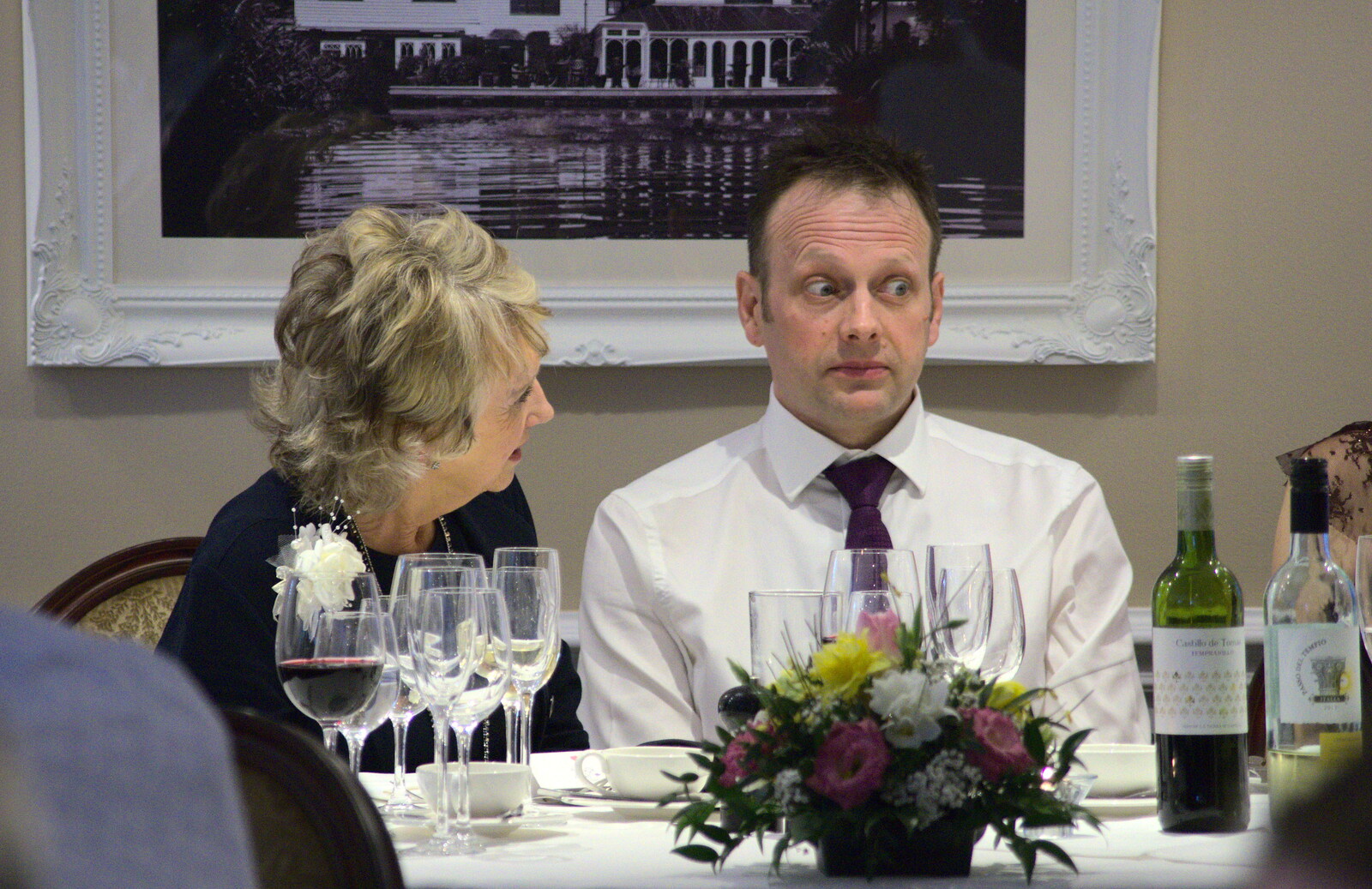 John looks surprised again from John and Caroline's Wedding, Sheene Mill, Melbourne, Cambridgeshire - 8th March 2014