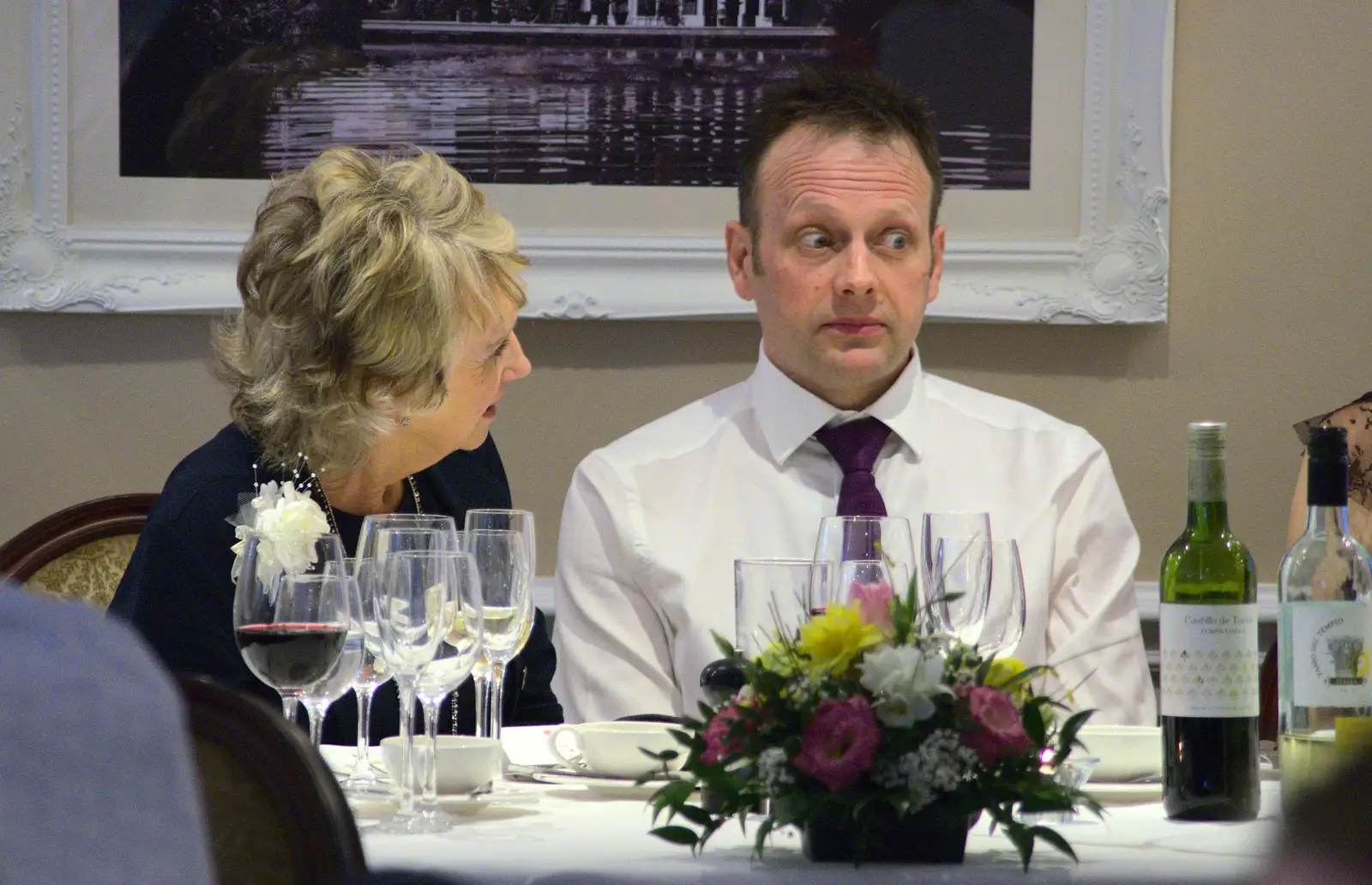 John looks surprised again, from John and Caroline's Wedding, Sheene Mill, Melbourne, Cambridgeshire - 8th March 2014