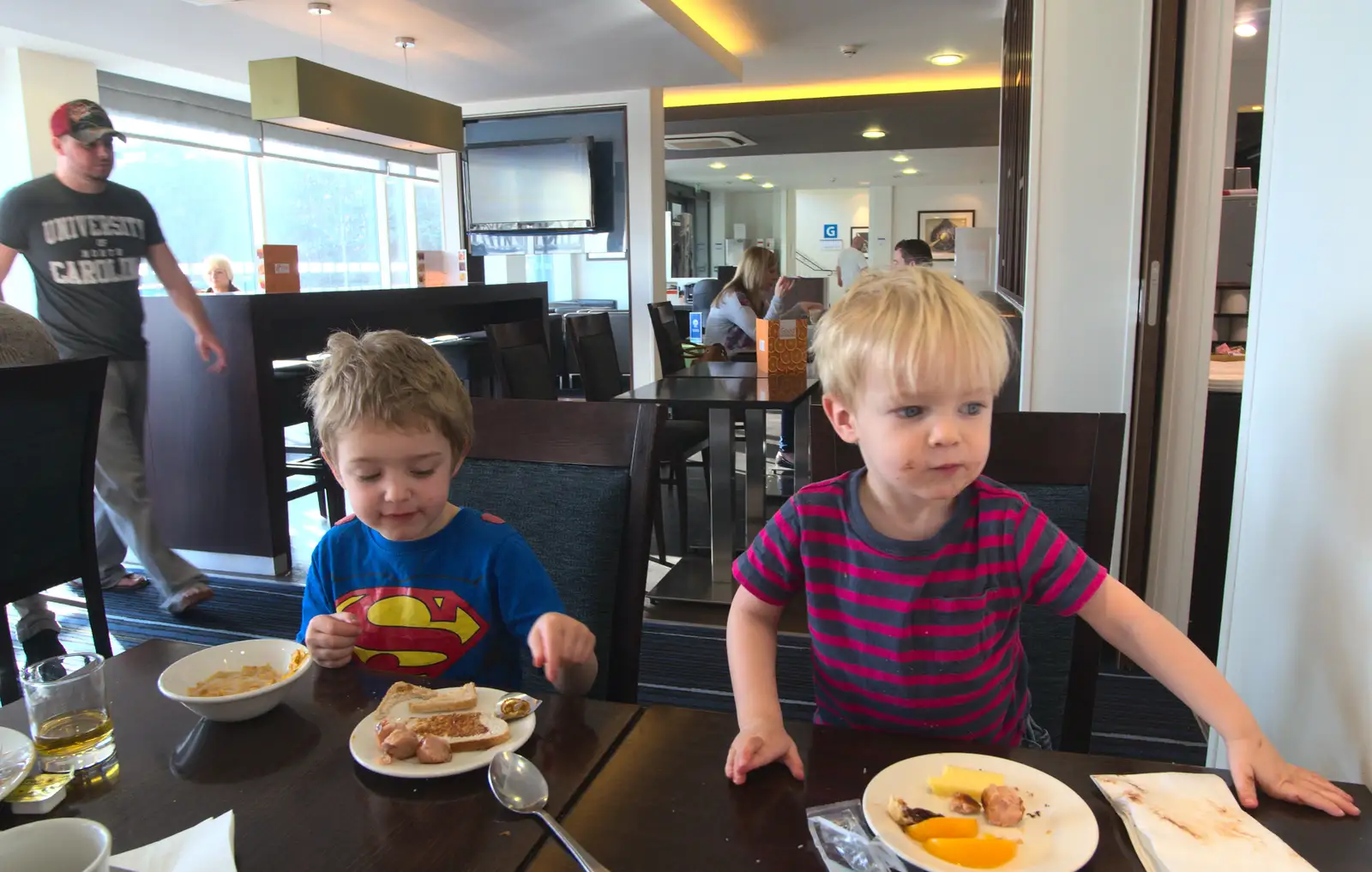 Fred and Harry at breakfast, from A Day Out at Duxford, Cambridgeshire - 9th March 2014