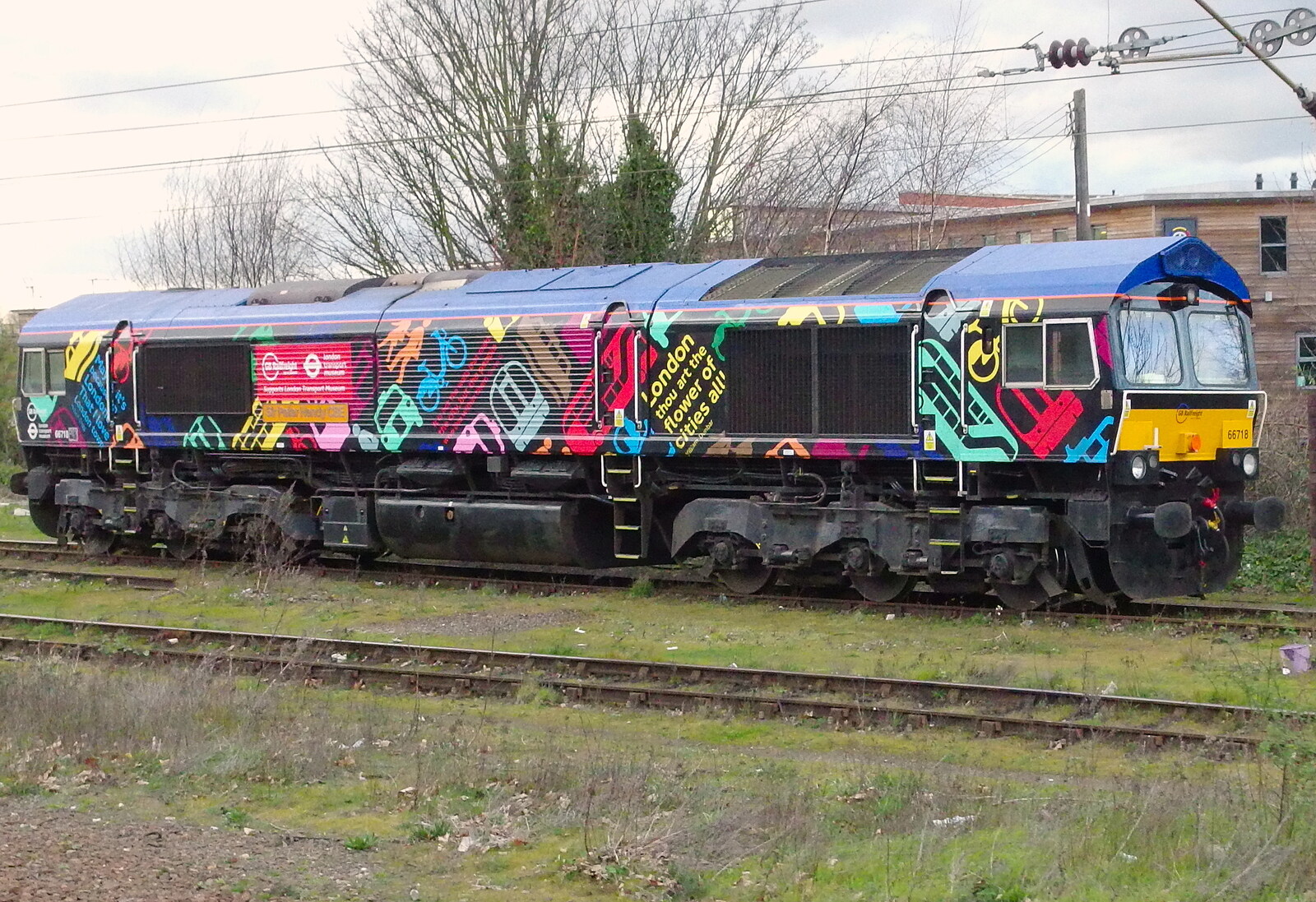 The colourful Class 66/7 66718 'Sir Peter Hendy' from Emily Comes to Visit, Brome, Suffolk - 15th March 2014