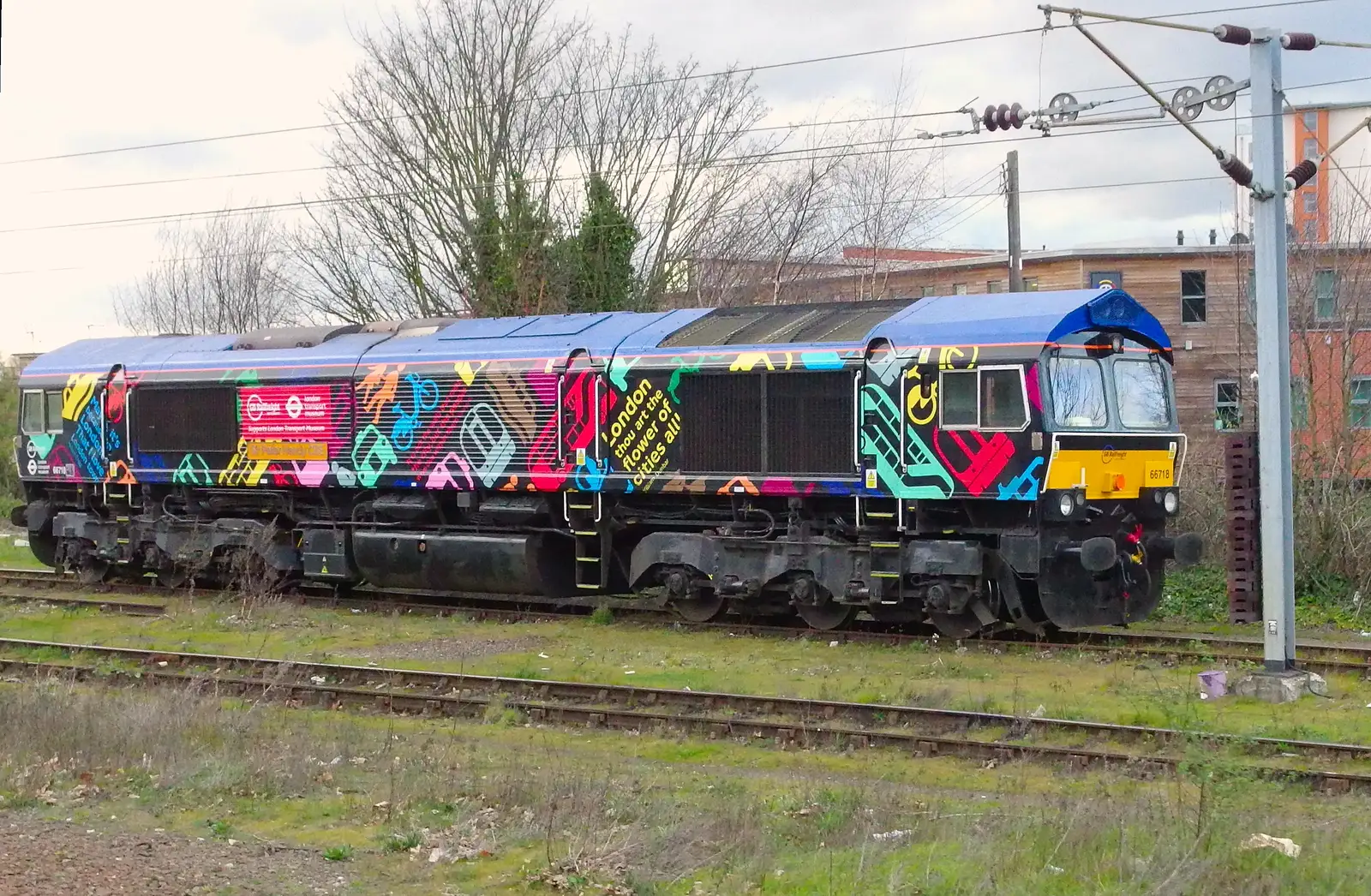 The colourful Class 66/7 66718 'Sir Peter Hendy', from Emily Comes to Visit, Brome, Suffolk - 15th March 2014