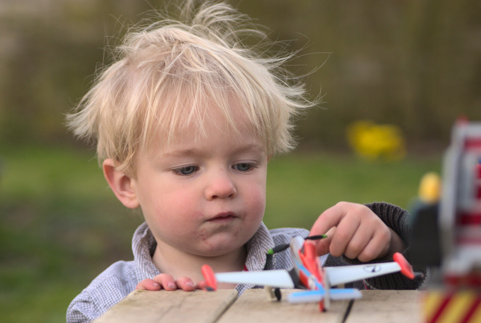Harry plays with a toy plane from Emily Comes to Visit, Brome, Suffolk - 15th March 2014