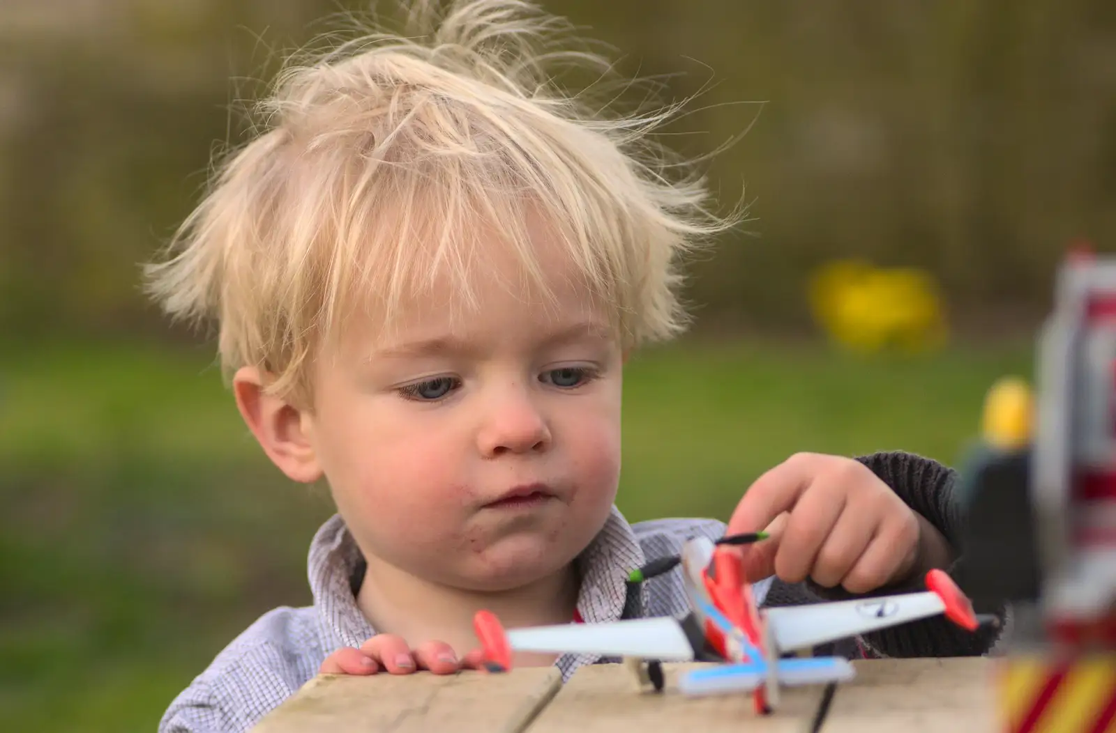 Harry plays with a toy plane, from Emily Comes to Visit, Brome, Suffolk - 15th March 2014