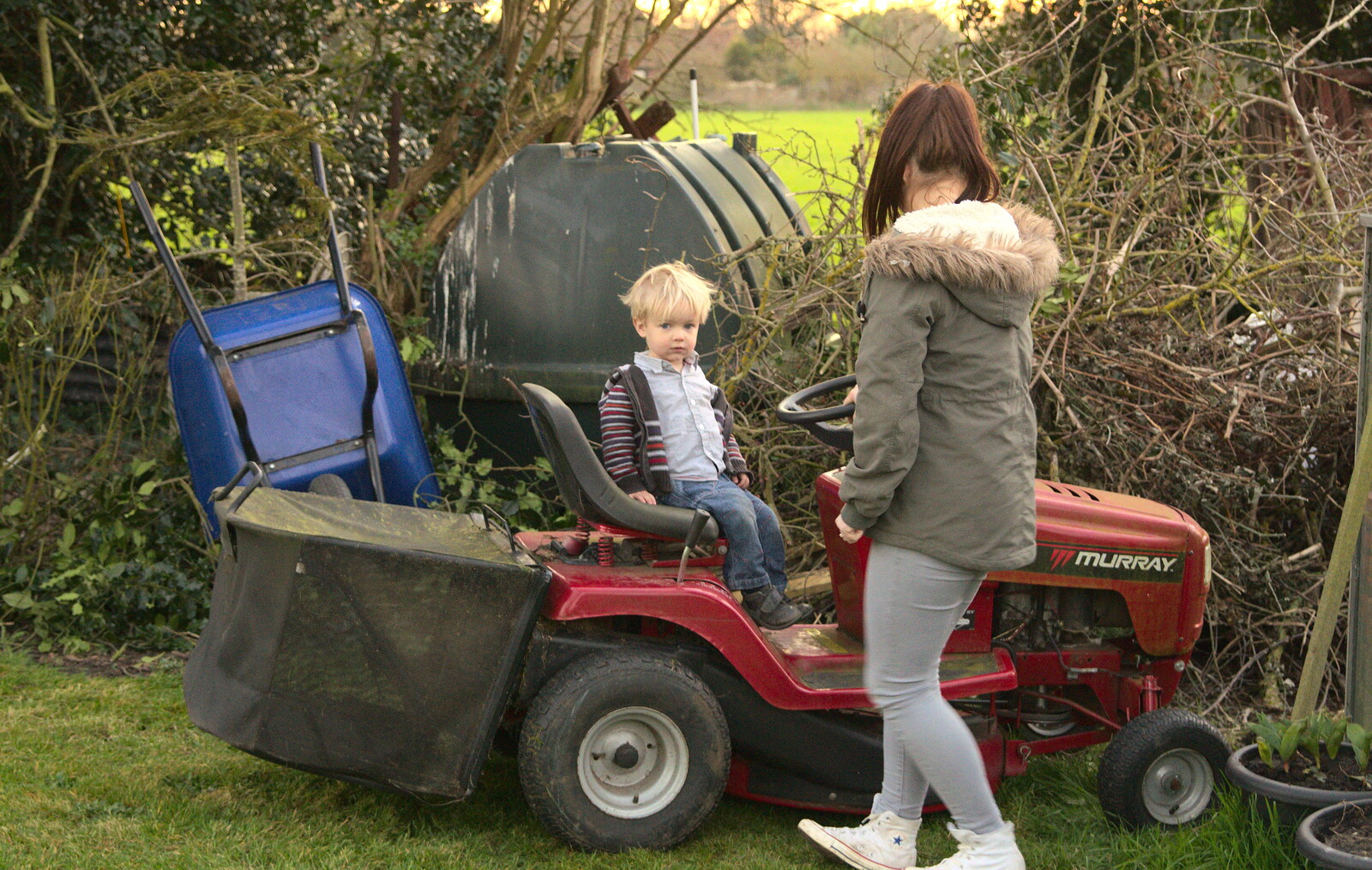 Harry on the lawnmower, with Emily from Emily Comes to Visit, Brome, Suffolk - 15th March 2014