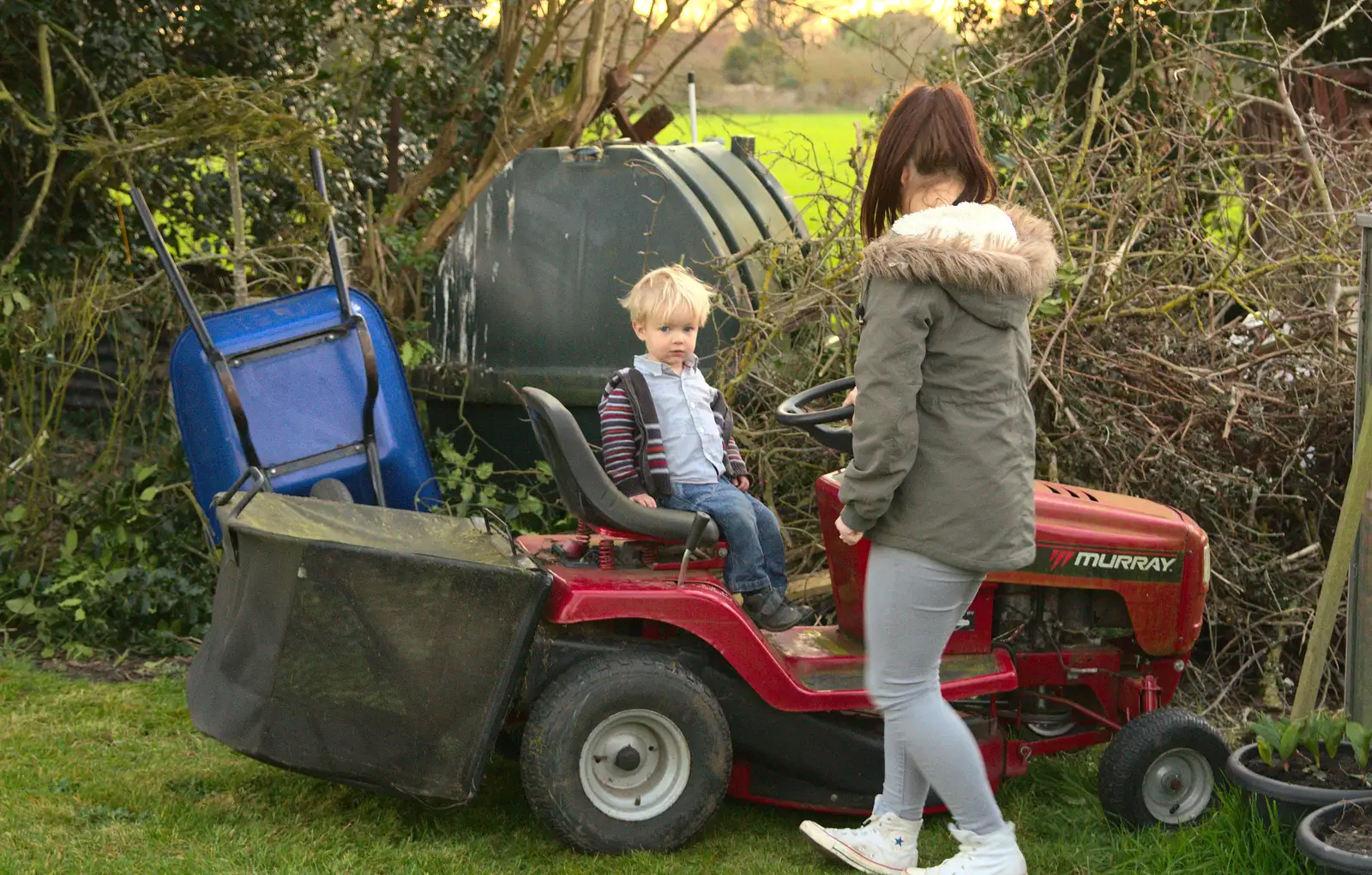 Harry on the lawnmower, with Emily, from Emily Comes to Visit, Brome, Suffolk - 15th March 2014