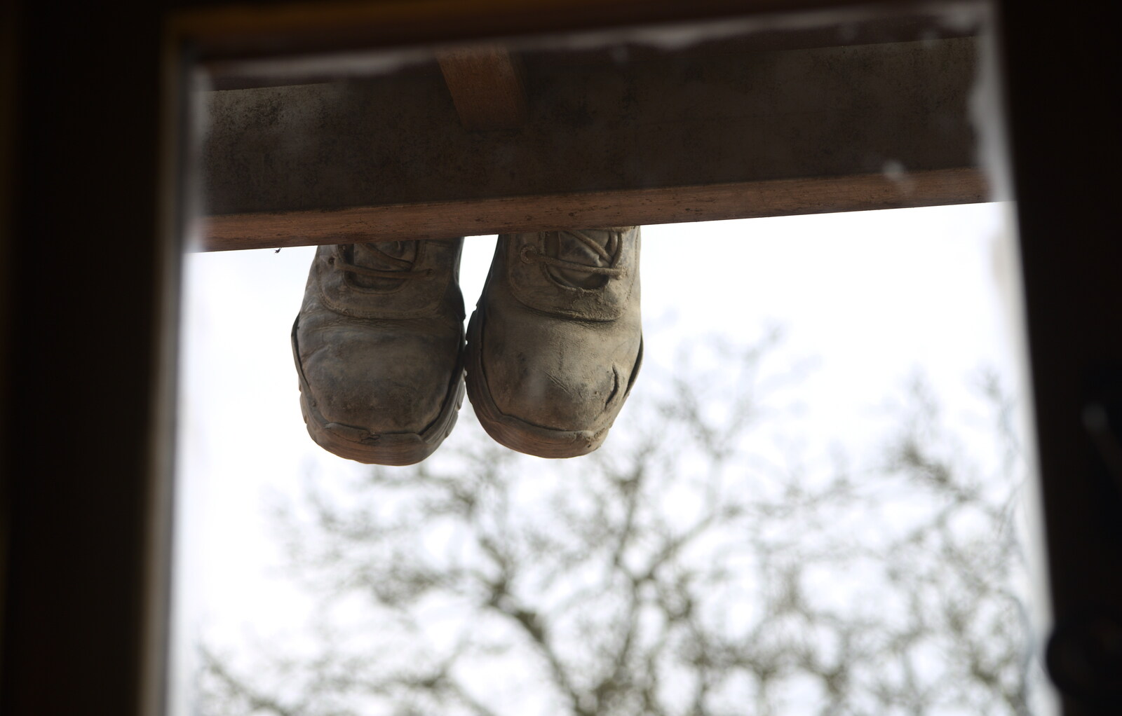 Builder's boots appear outside a window from Emily Comes to Visit, Brome, Suffolk - 15th March 2014