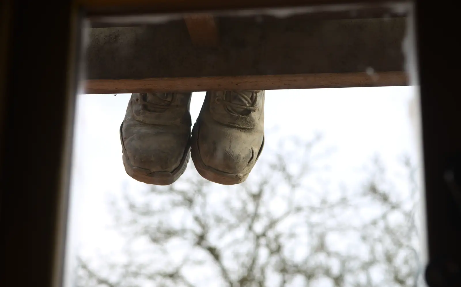 Builder's boots appear outside a window, from Emily Comes to Visit, Brome, Suffolk - 15th March 2014