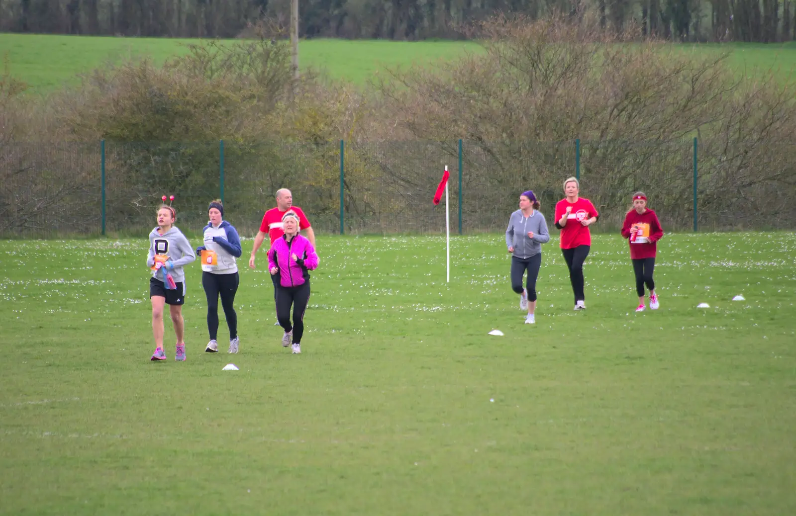 Isobel in a small group across the fields, from Isobel's Fun Run, Hartismere High, Eye, Suffolk - 23rd March 2014