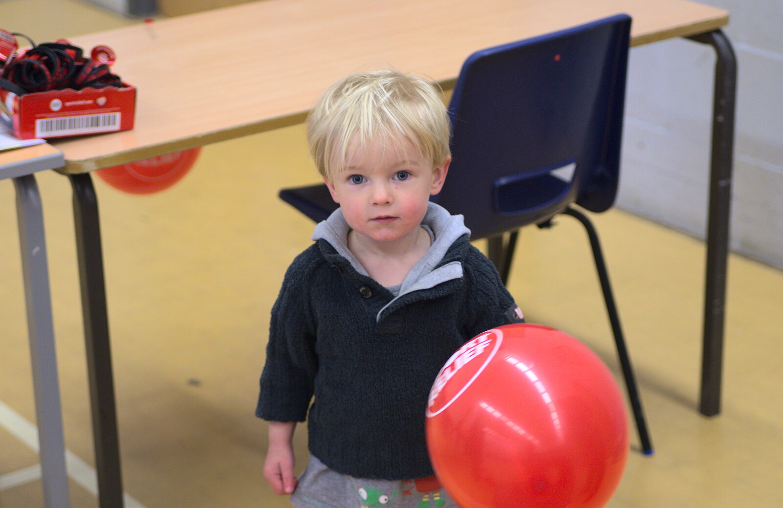 Back in the sports hall, Gabes has a balloon from Isobel's Fun Run, Hartismere High, Eye, Suffolk - 23rd March 2014
