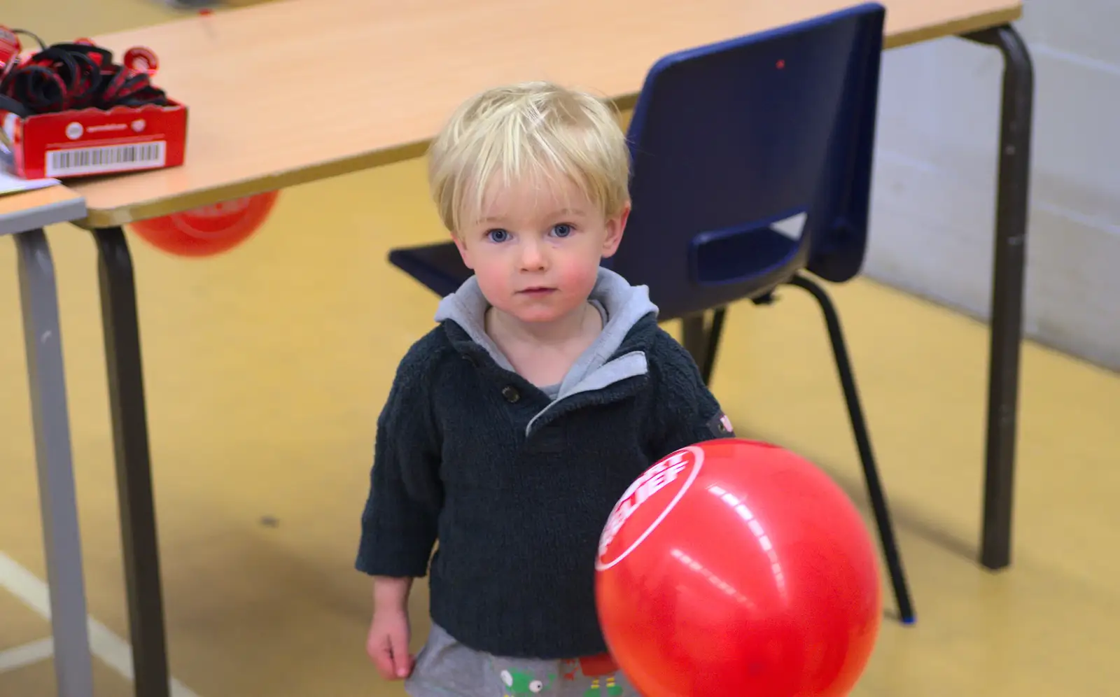 Back in the sports hall, Gabes has a balloon, from Isobel's Fun Run, Hartismere High, Eye, Suffolk - 23rd March 2014