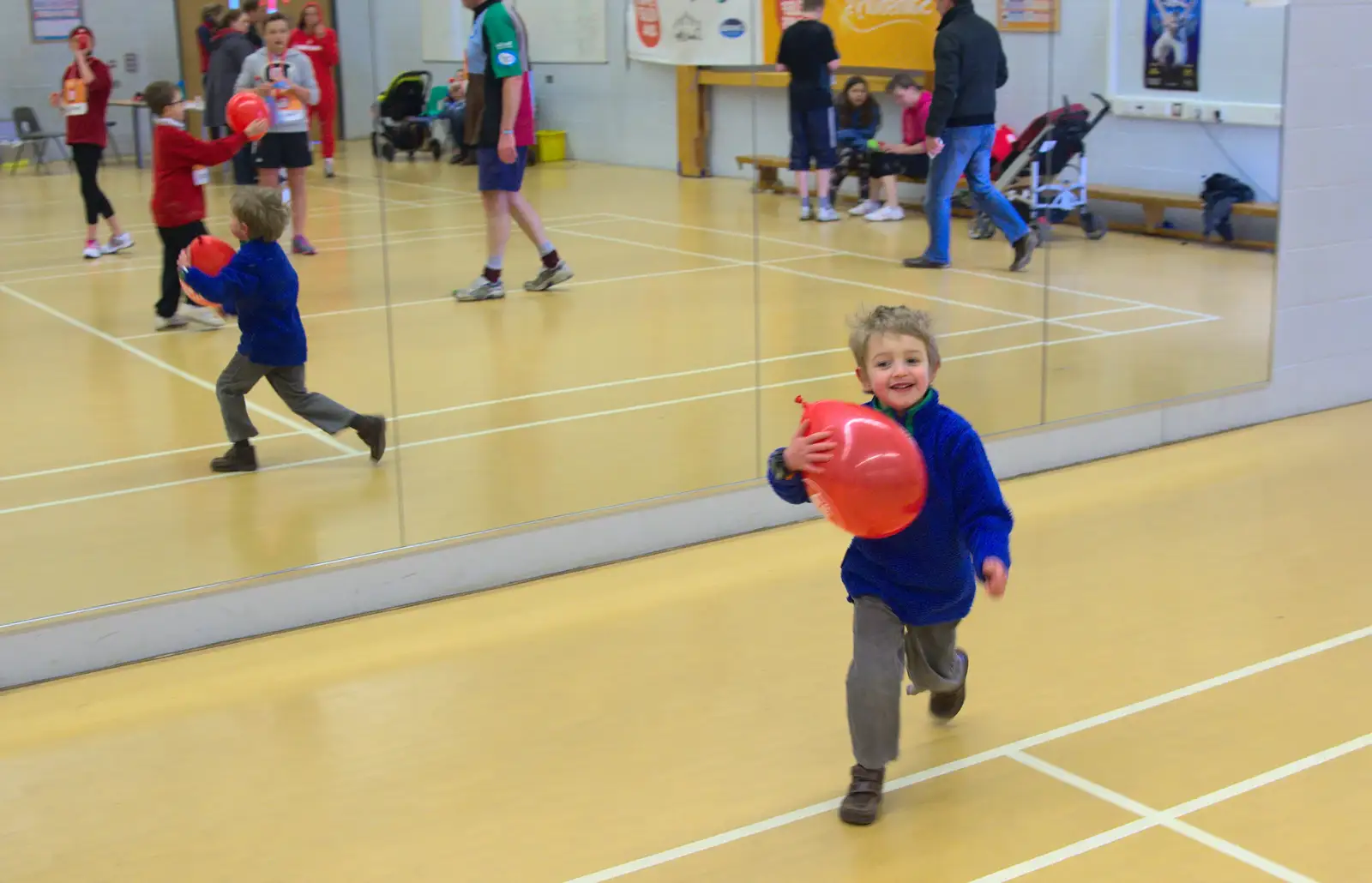 Fred runs around by the mirrors, from Isobel's Fun Run, Hartismere High, Eye, Suffolk - 23rd March 2014