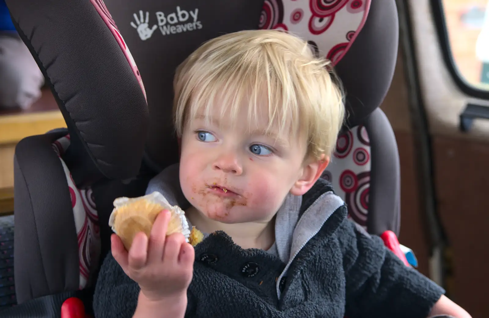 Harry eats Old Ladies' cake in the van, from Isobel's Fun Run, Hartismere High, Eye, Suffolk - 23rd March 2014