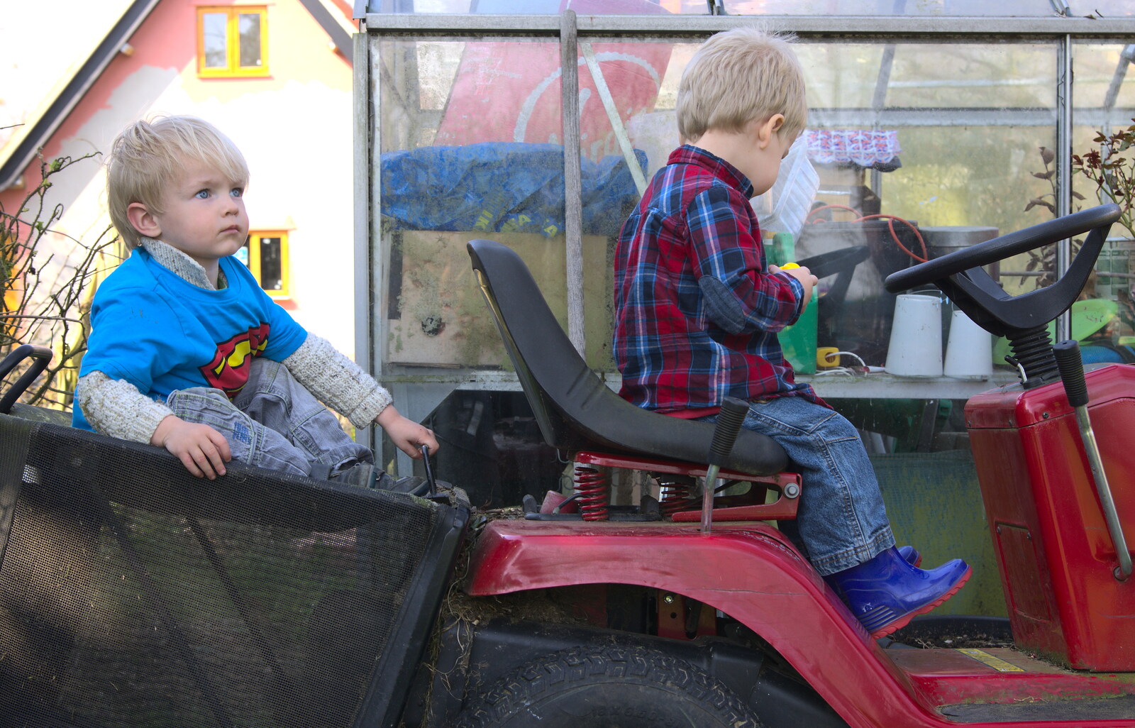Harry and Jack on the lawnmower from On Being Two: Harry's Birthday, Brome, Suffolk - 28th March 2014
