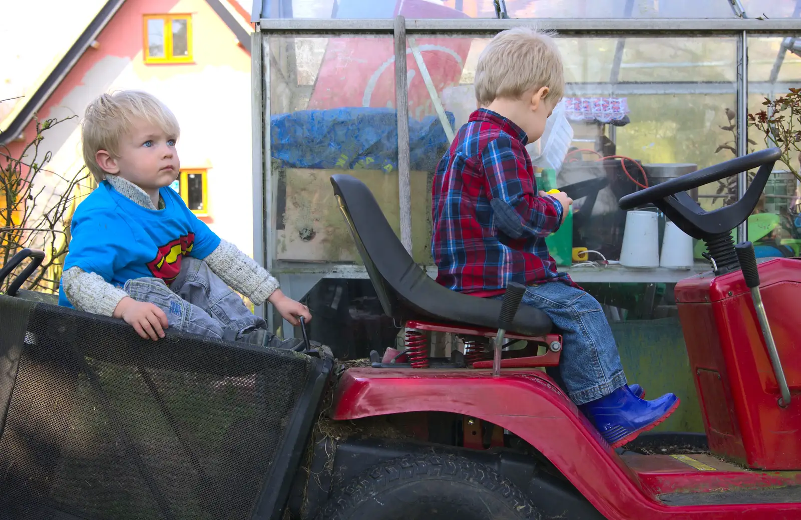 Harry and Jack on the lawnmower, from On Being Two: Harry's Birthday, Brome, Suffolk - 28th March 2014