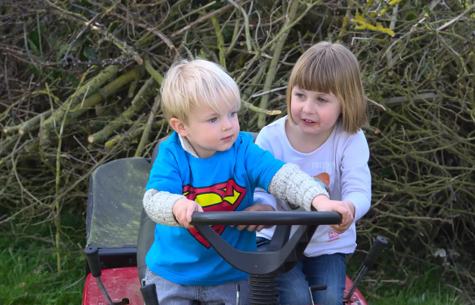 Harry and Sophie wrestle with the steering wheel, from On Being Two: Harry's Birthday, Brome, Suffolk - 28th March 2014