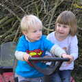 Harry and Sophie wrestle with the steering wheel, On Being Two: Harry's Birthday, Brome, Suffolk - 28th March 2014
