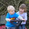 Harry and Sophie wrestle with the steering wheel, On Being Two: Harry's Birthday, Brome, Suffolk - 28th March 2014