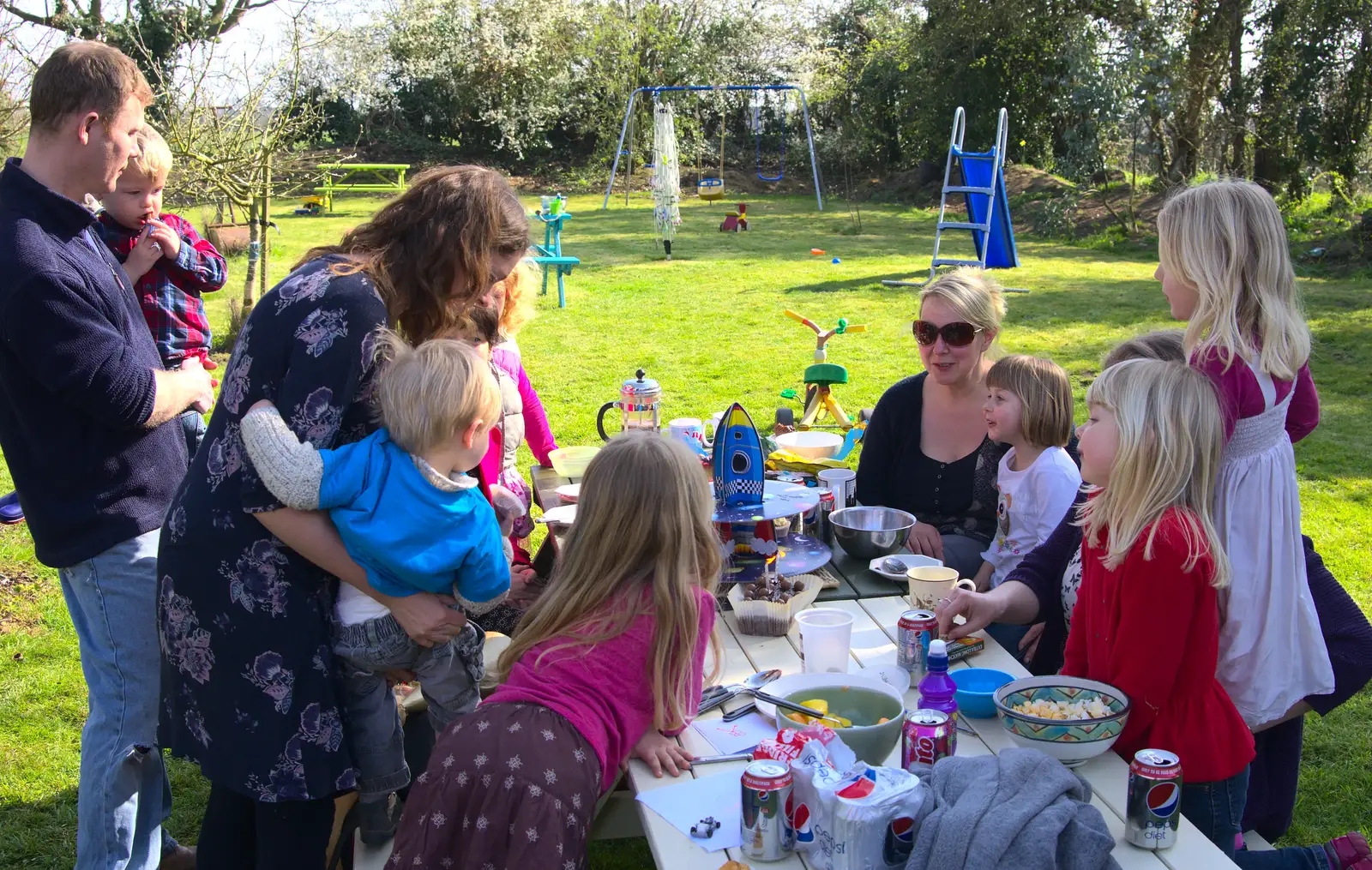 A crowd round the tables, from On Being Two: Harry's Birthday, Brome, Suffolk - 28th March 2014