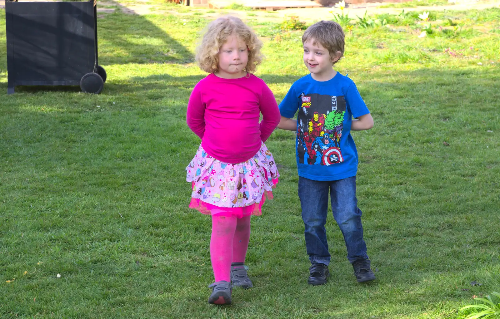 Rosie and Fred take a turn around the garden, from On Being Two: Harry's Birthday, Brome, Suffolk - 28th March 2014