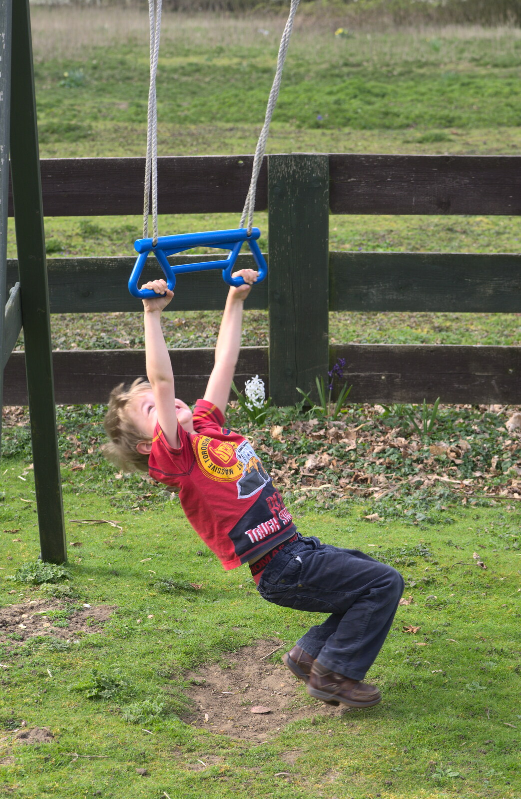 Fred tests out the new swing from On Being Two: Harry's Birthday, Brome, Suffolk - 28th March 2014