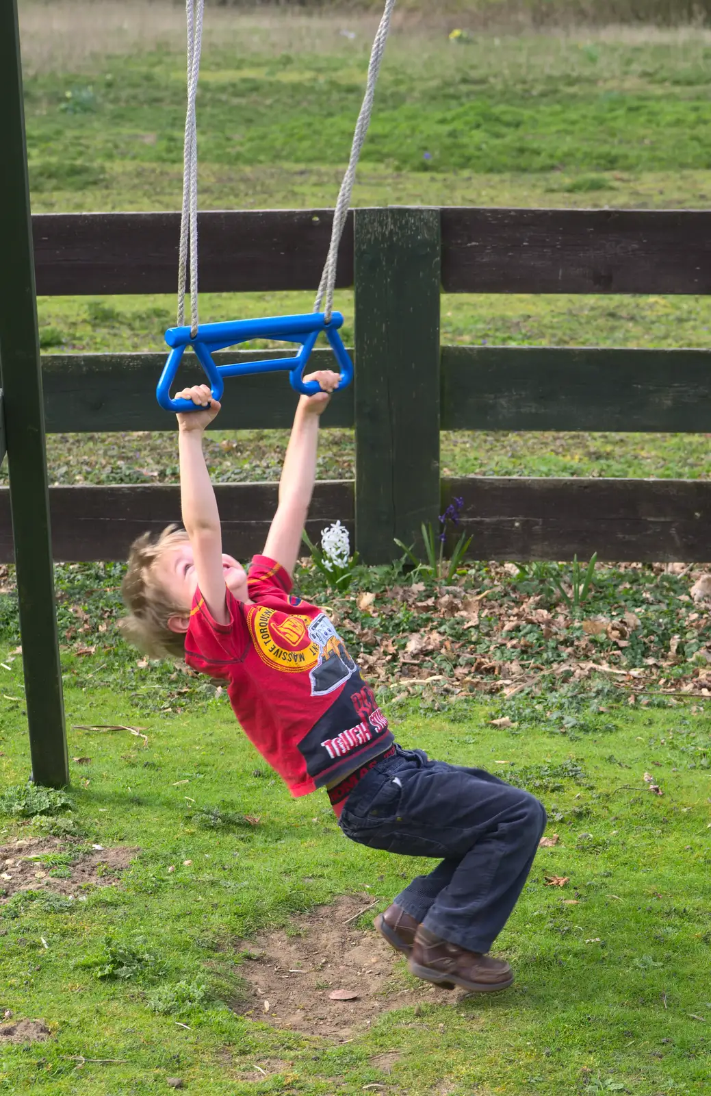 Fred tests out the new swing, from On Being Two: Harry's Birthday, Brome, Suffolk - 28th March 2014