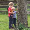 Fred and Harry poke the tree, On Being Two: Harry's Birthday, Brome, Suffolk - 28th March 2014