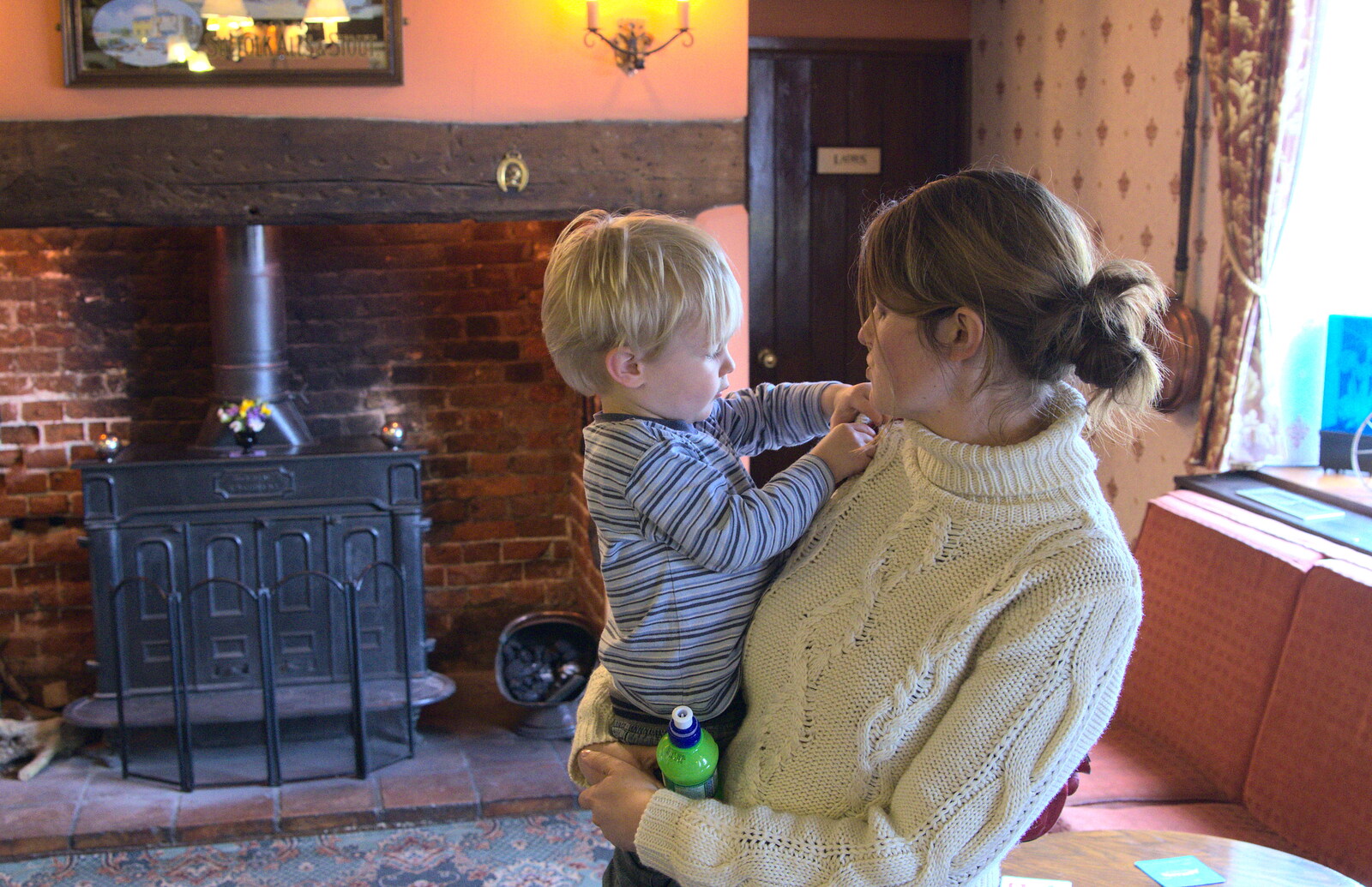 Harry gets a cuddle in the Swan from On Being Two: Harry's Birthday, Brome, Suffolk - 28th March 2014