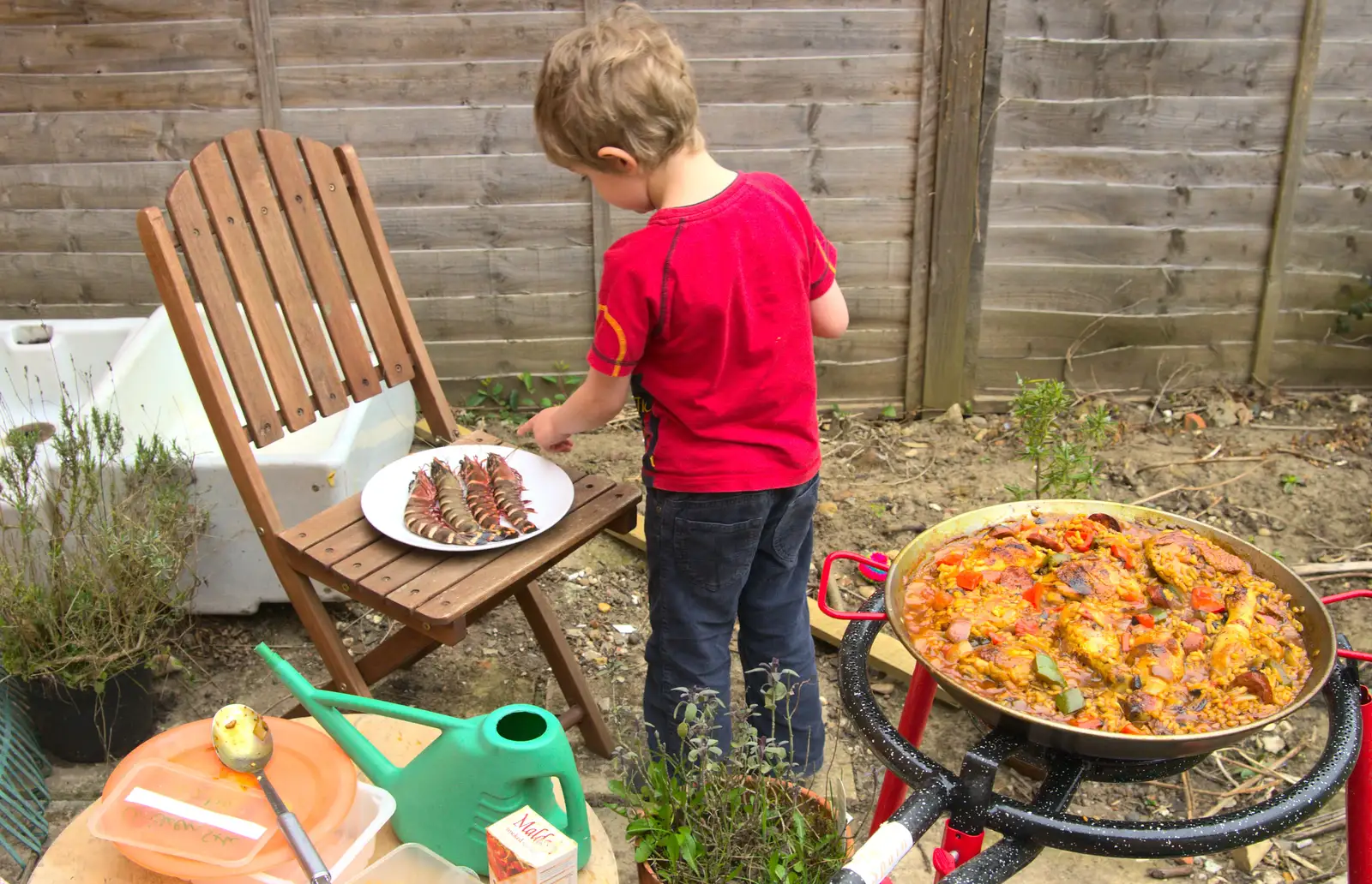 Fred pokes the prawns, from On Being Two: Harry's Birthday, Brome, Suffolk - 28th March 2014