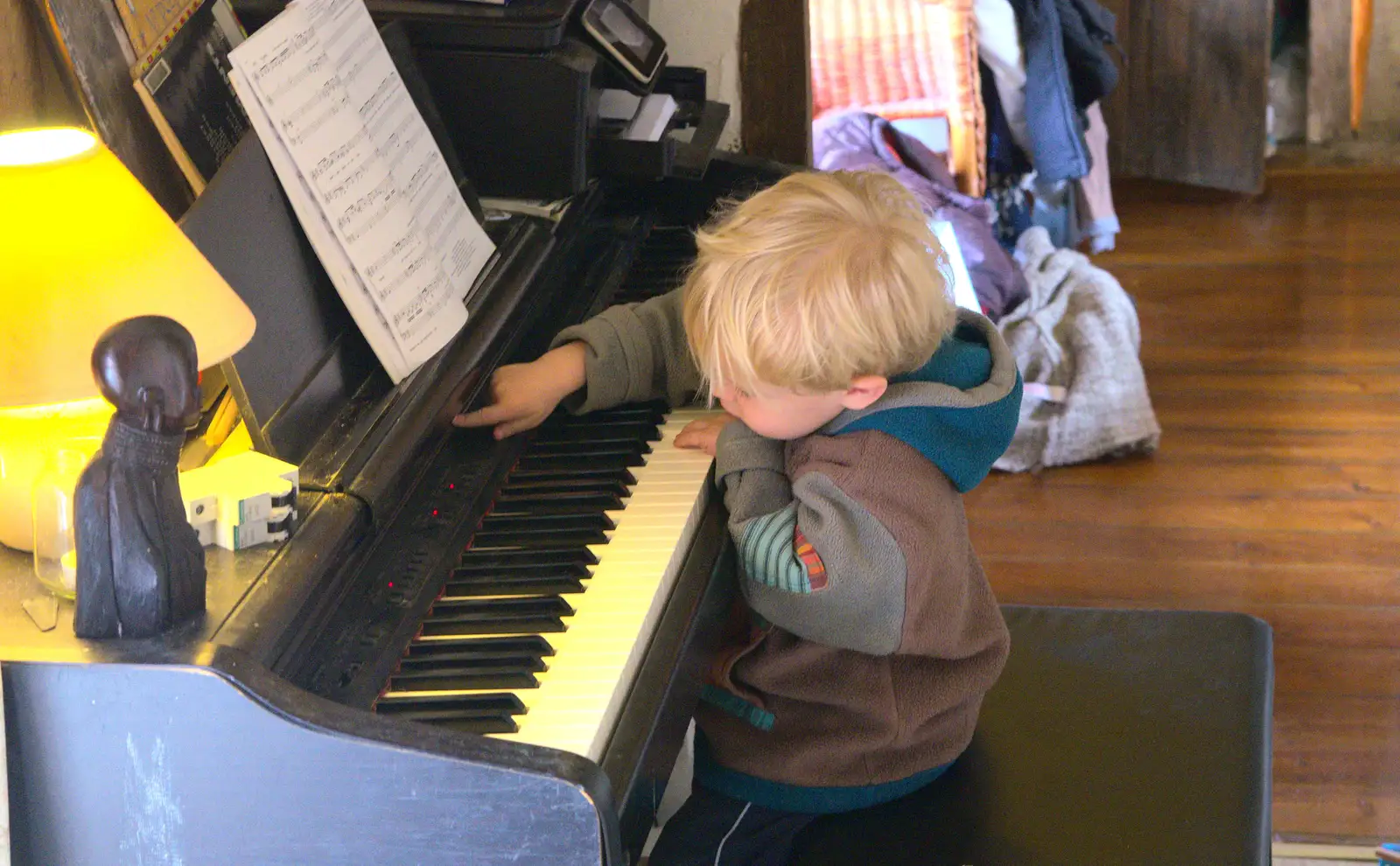 Harry pokes buttons on the piano, from On Being Two: Harry's Birthday, Brome, Suffolk - 28th March 2014