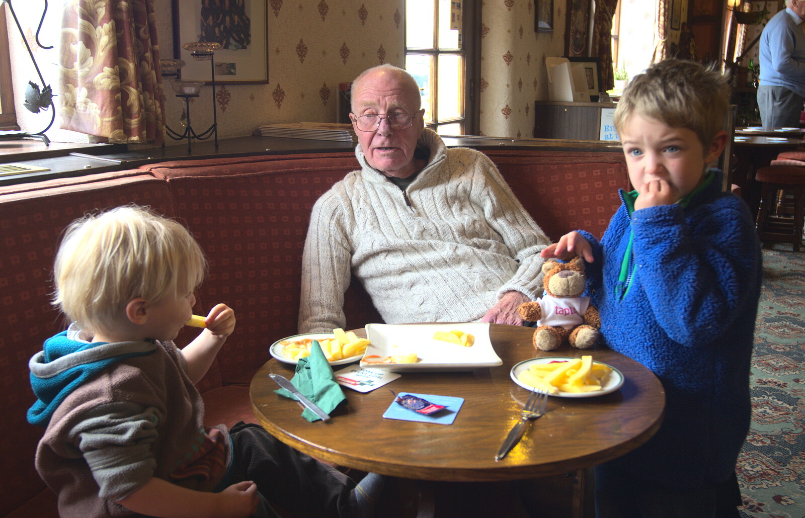 Grandad and the boys eat chips from The BSCC at the Cross Keys, and a Building Catch Up, Brome and Redgrave, Suffolk - 24th April 2014
