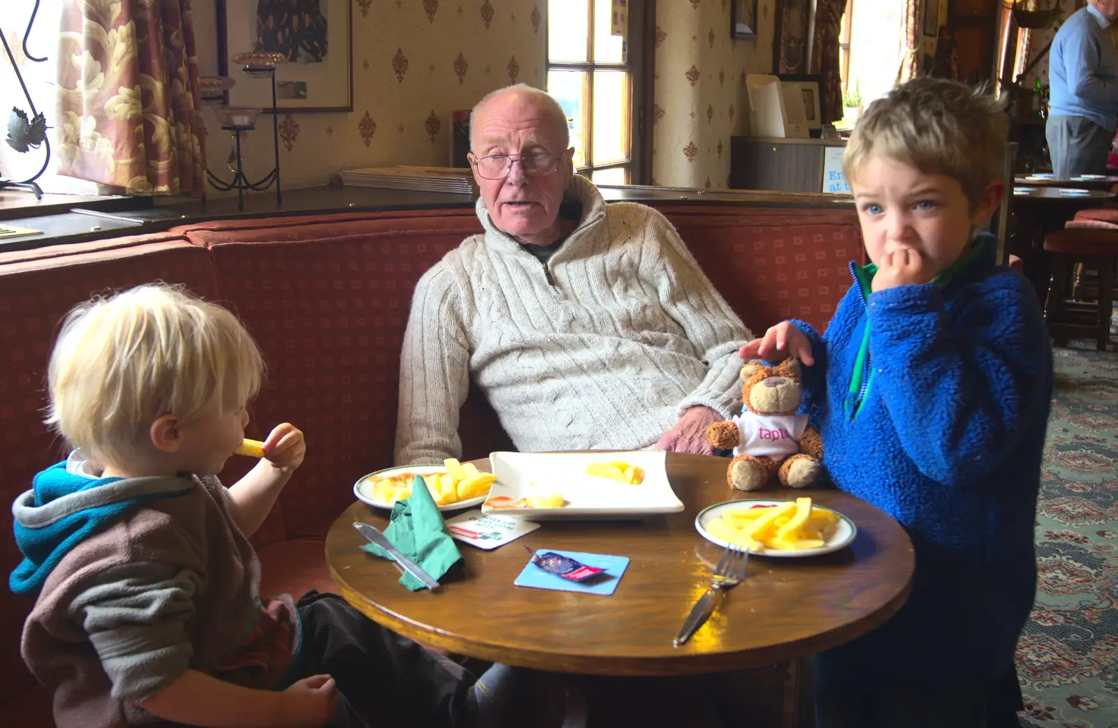 Grandad and the boys eat chips, from The BSCC at the Cross Keys, and a Building Catch Up, Brome and Redgrave, Suffolk - 24th April 2014