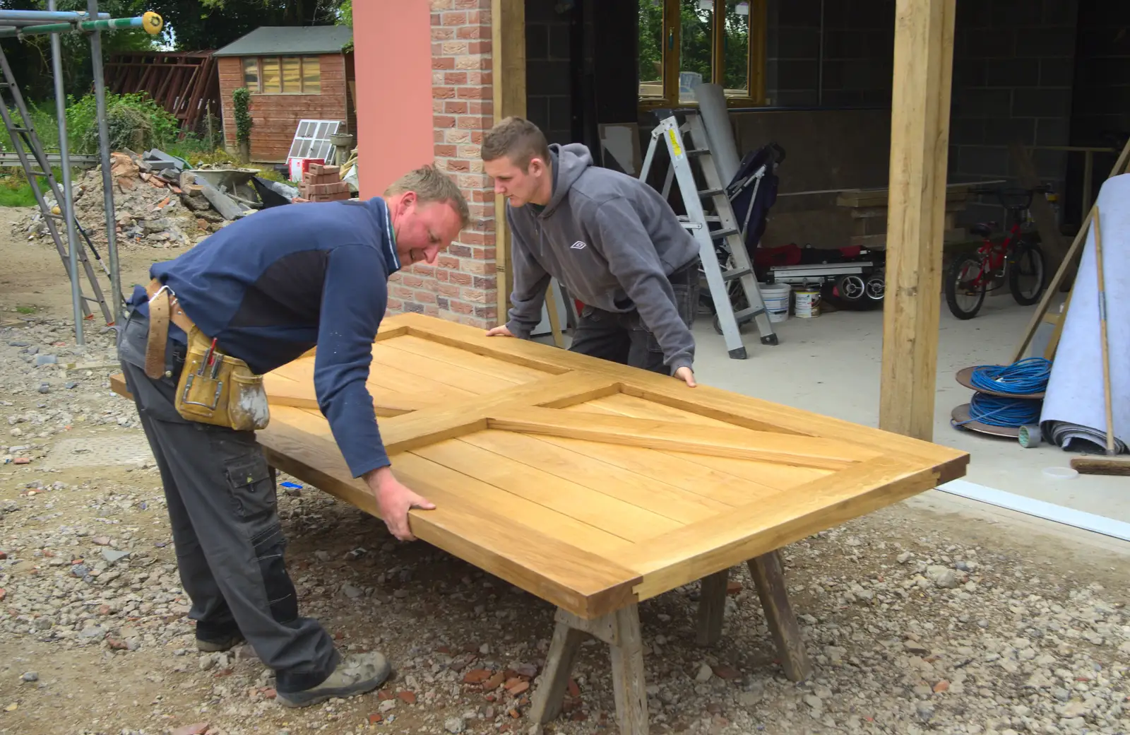 The door is layed down for hinge fitting, from The BSCC at the Cross Keys, and a Building Catch Up, Brome and Redgrave, Suffolk - 24th April 2014