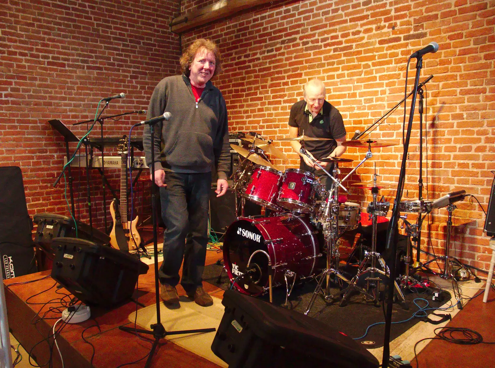 Max and Henry on stage, from The BBs Play Haughley Park Barn, Haughley, Suffolk - 26th April 2014