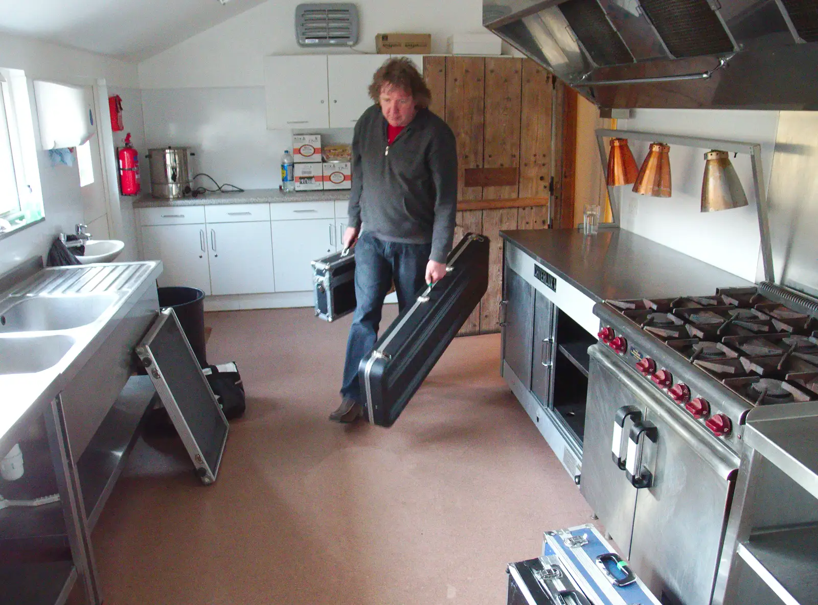 Max hauls his cases through the kitchen, from The BBs Play Haughley Park Barn, Haughley, Suffolk - 26th April 2014